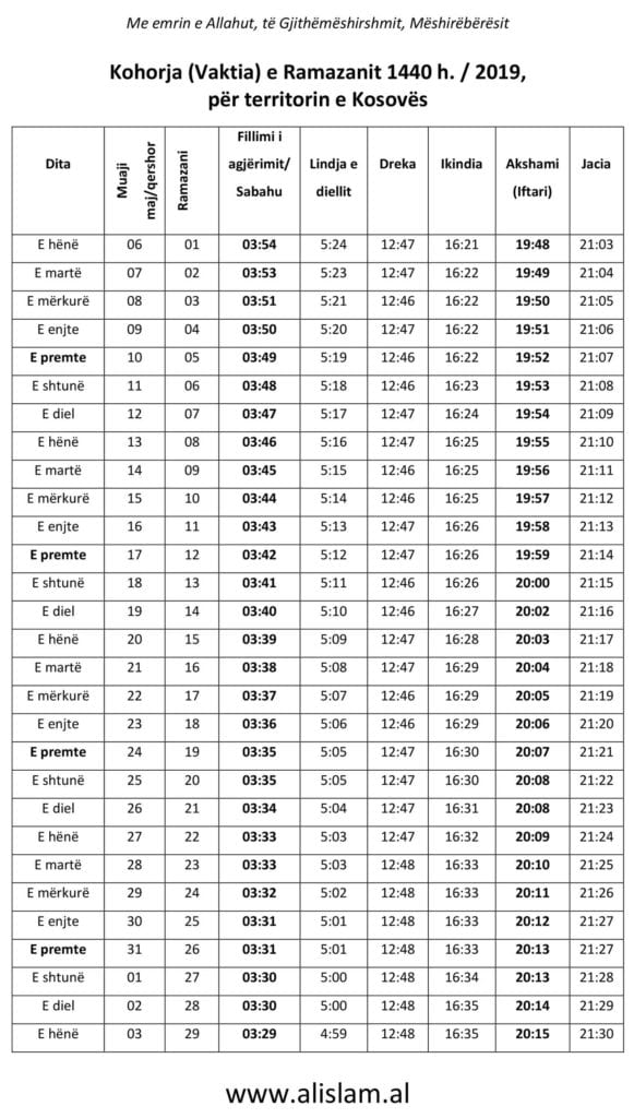 Kalendari i ramazanit 2019