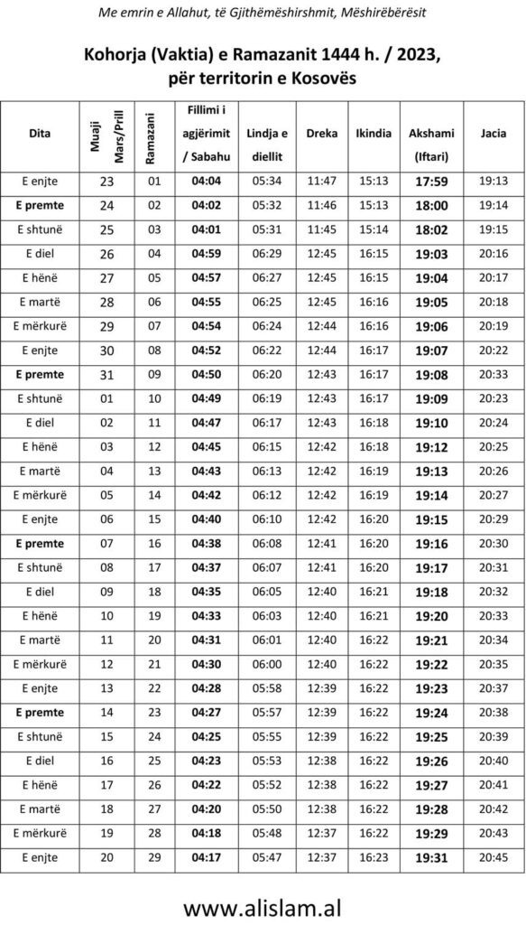 kalendari i ramazanit 2023