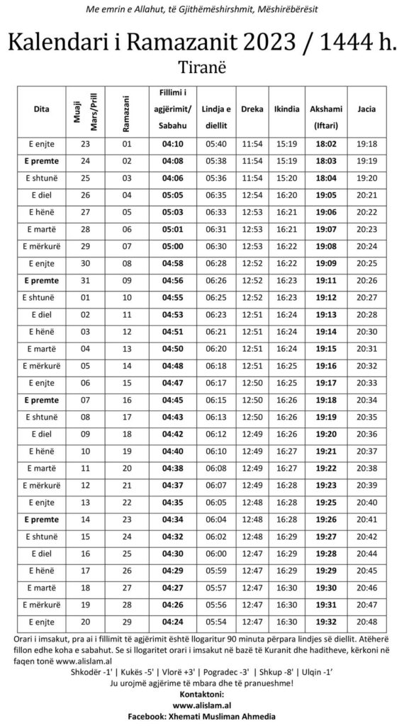 kalendari i ramazanit 2023