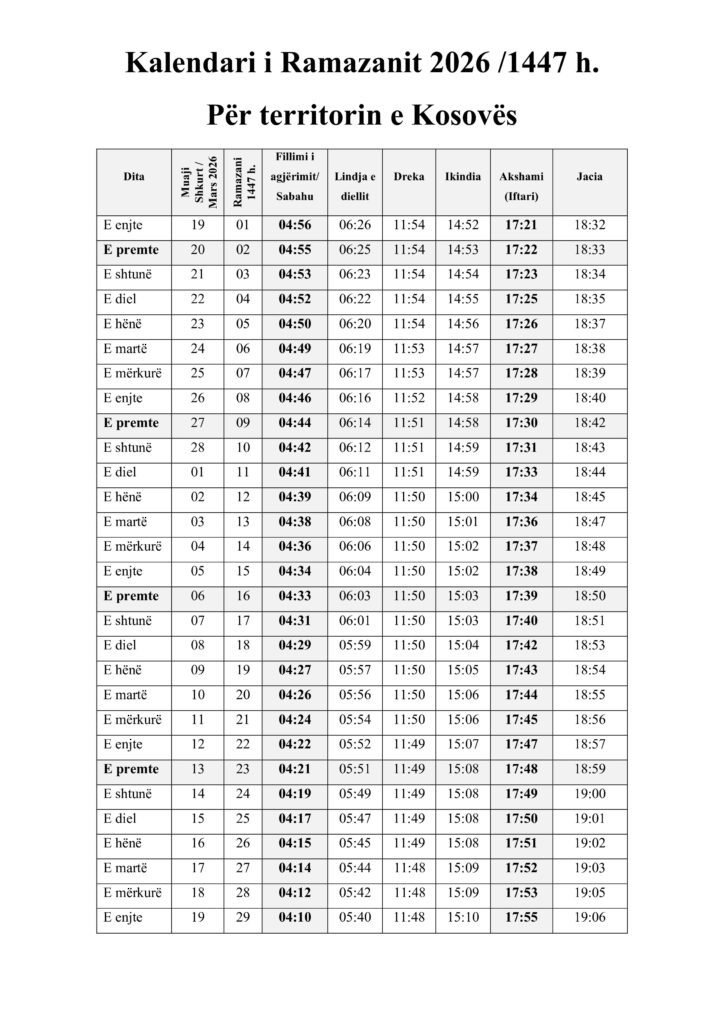 Kalendari i Ramazanit 2026 / 1447 h. Kosovë