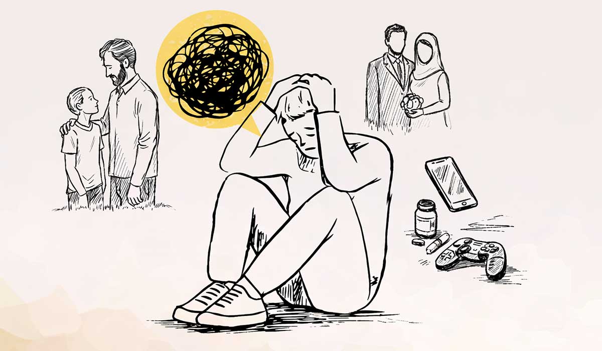 Imazh sketch i një të riu të ulur me kokën në duar që simbolizon ankthin dhe izolimin, me elemente rreth tij si telefon, lojë video dhe figura familjare që përfaqësojnë presionet moderne dhe mungesën e drejtimit