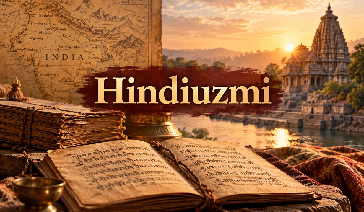 Hinduizmi me shkrime vedike, hartë të Indisë së lashtë dhe tempull hindu në sfond